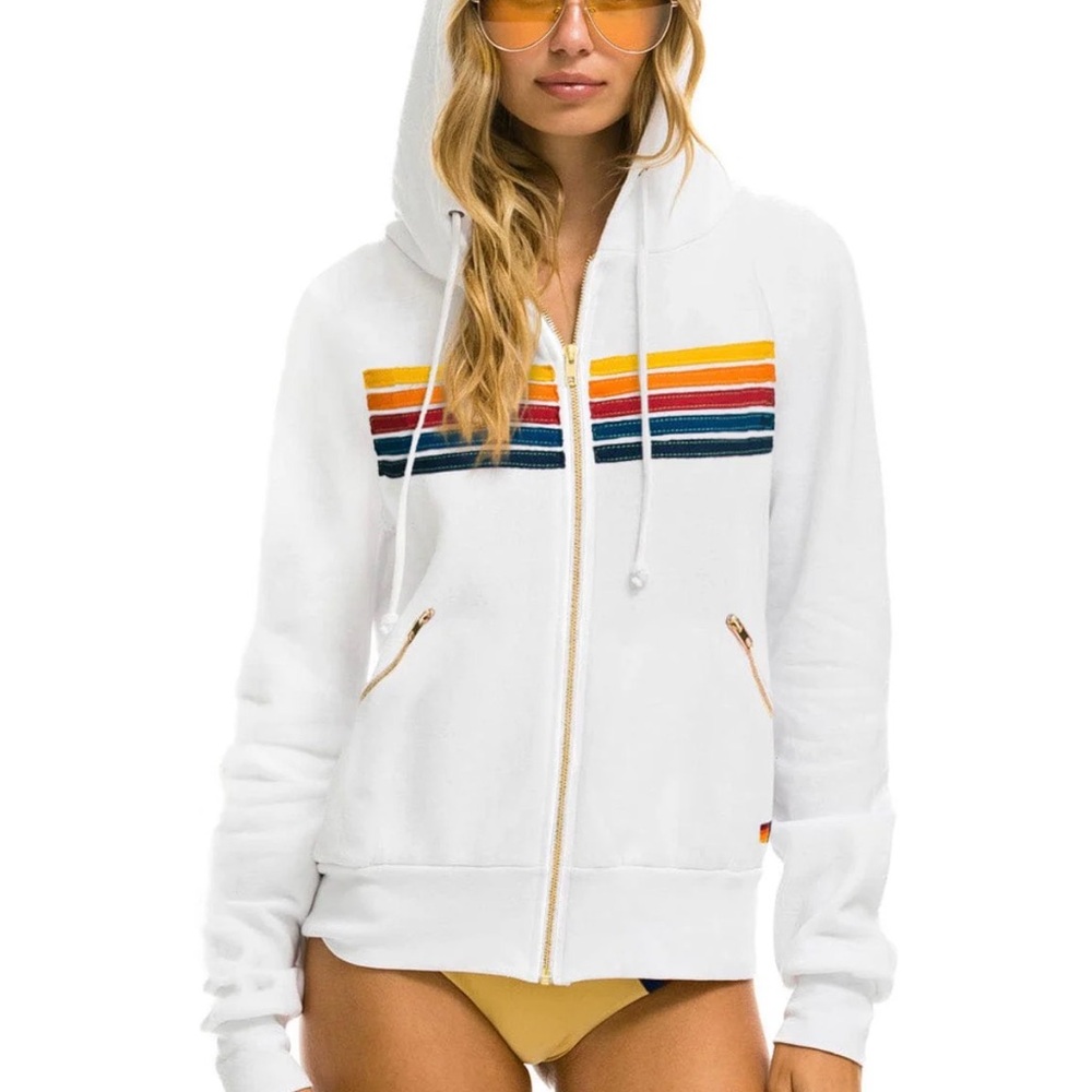 Aviator Nation 5 Stripe Hoodie in White. Size Medium.